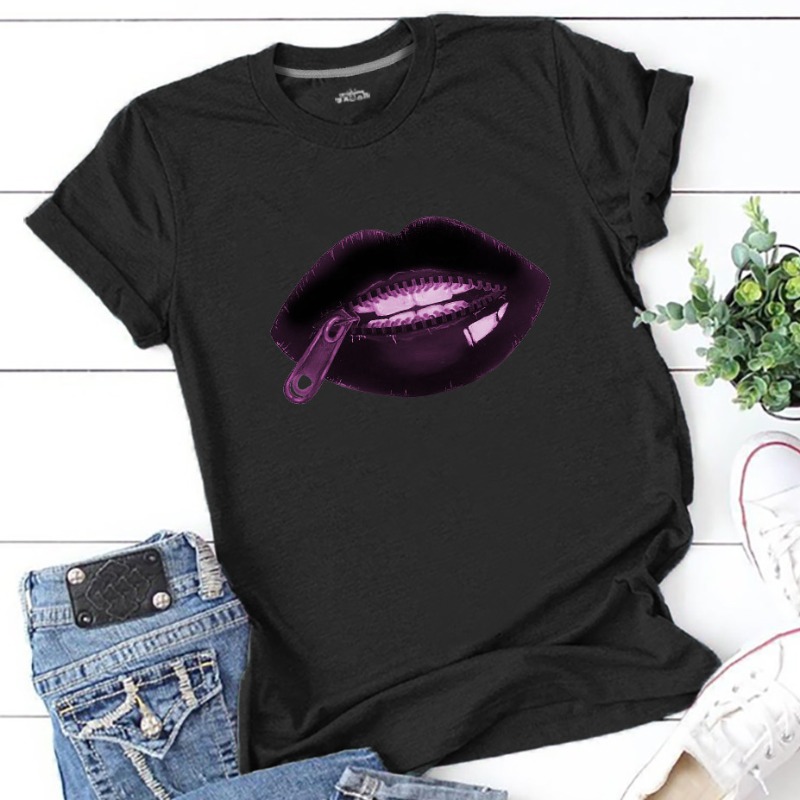 

Lovely Casual Lip Print Black Plus Size T-shirt