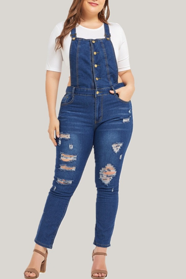 

Lovely Casual Broken Holes Blue Plus Size One-piece Jumpsuit
