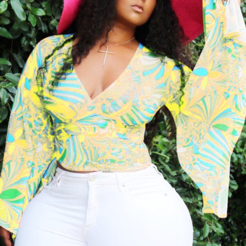 

Lovely Bohemian V Neck Print Yellow Plus Size Blouse