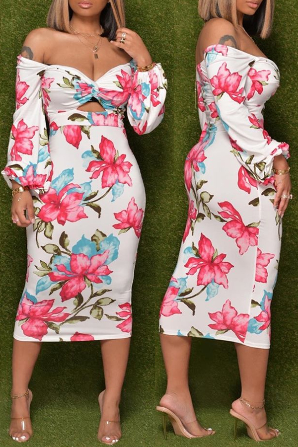 

Lovely Trendy Floral Print White Mid Calf Dress