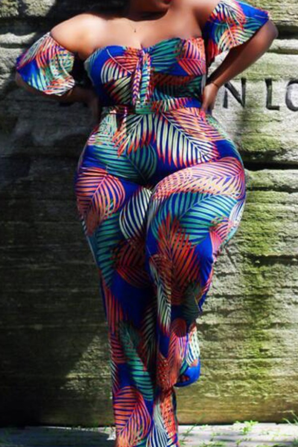 

Lovely Casual Plants Print Multicolor Plus Size One-piece Jumpsuit, Multi