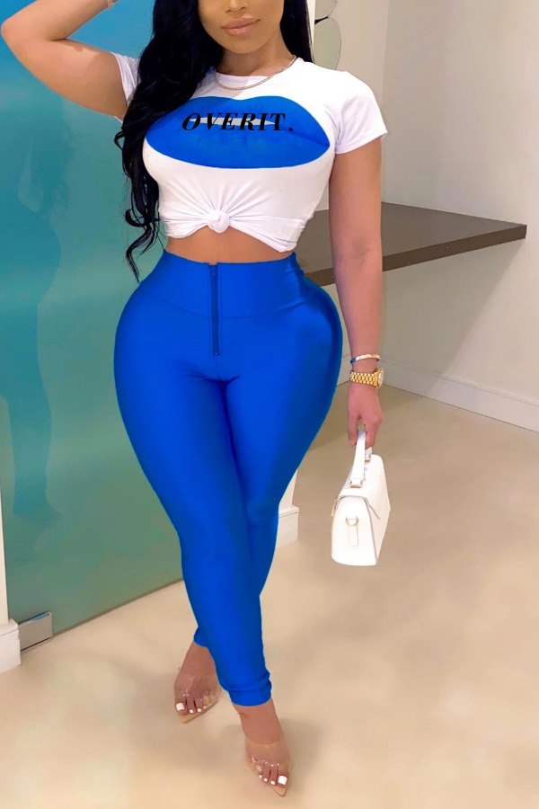 

Lovely Stylish Letter Print Blue Plus Size Two-piece Pants Set