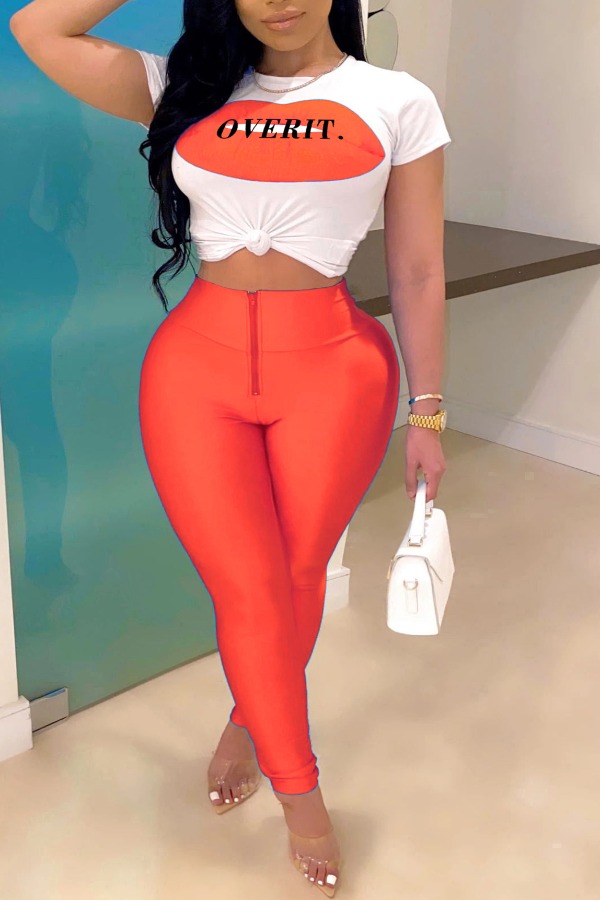 

Lovely Stylish Letter Print Orange Plus Size Two-piece Pants Set