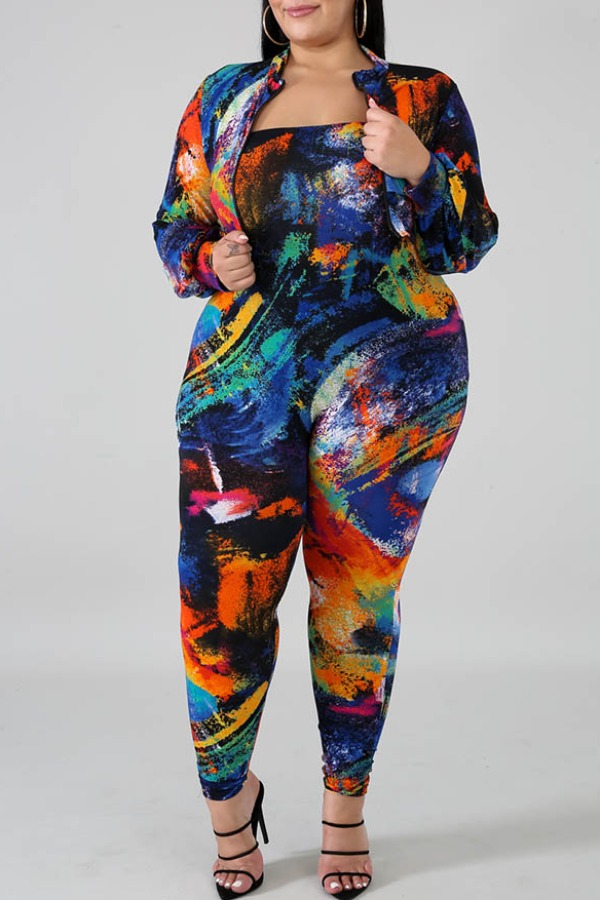 

Lovely Casual Print Multicolor Plus Size Two-piece Pants Set, Multi