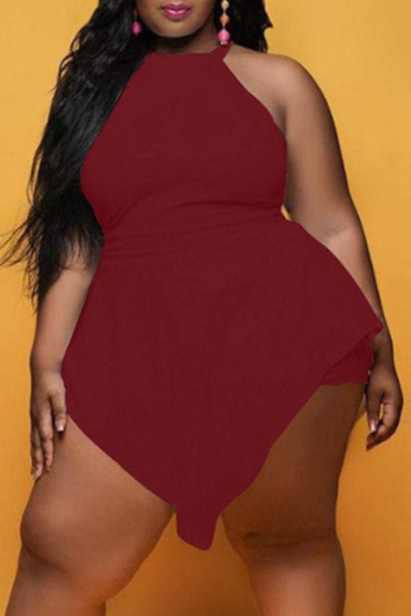 

Lovely Trendy Asymmetrical Wine Red Plus Size One-piece Romper