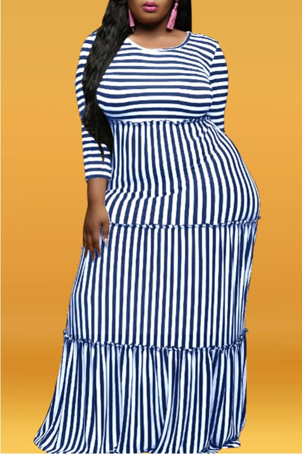 

Lovely Trendy Striped Blue Maxi Plus Size Dress