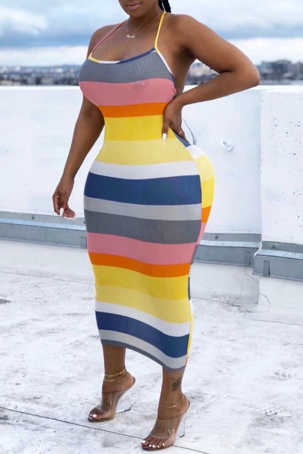 

Lovely Casual Striped Yellow Mid Calf Plus Size Dress