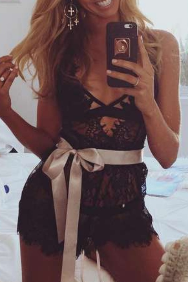 

Lovely Sexy Lace Hem Black Babydolls