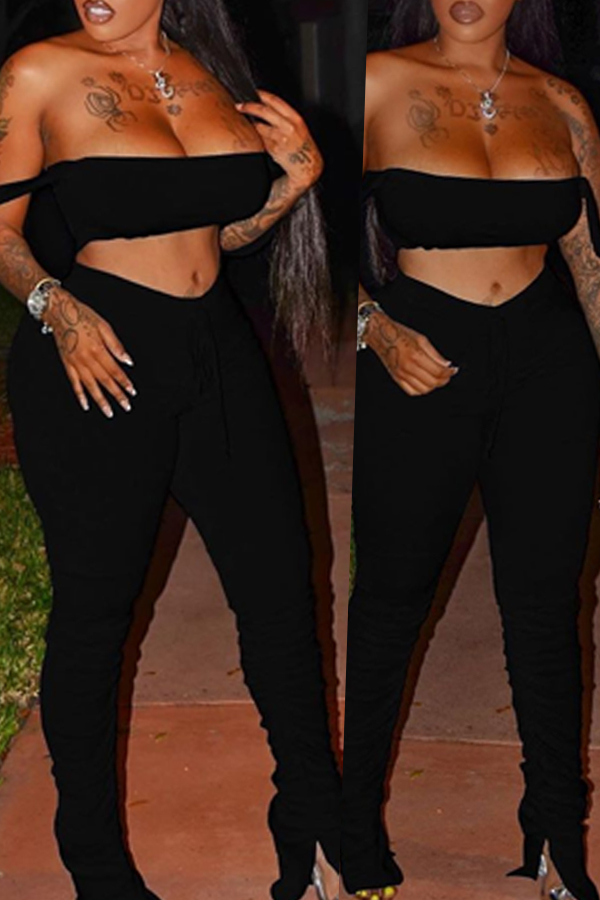 

Lovely Sexy Dew Shoulder Black Two-piece Pants Set
