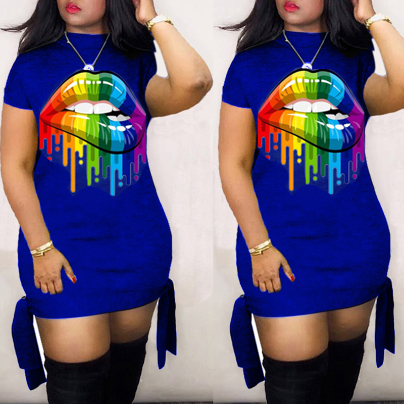 

Lovely Casual Lip Print Blue Knee Length Plus Size Dress