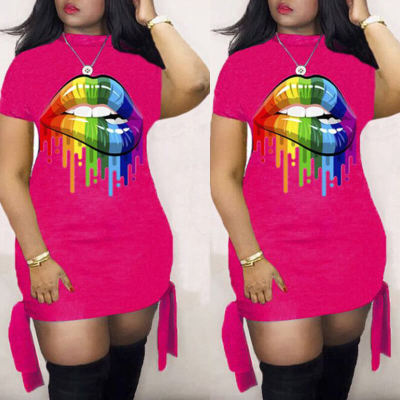 

Lovely Casual Lip Print Rose Red Knee Length Plus Size Dress