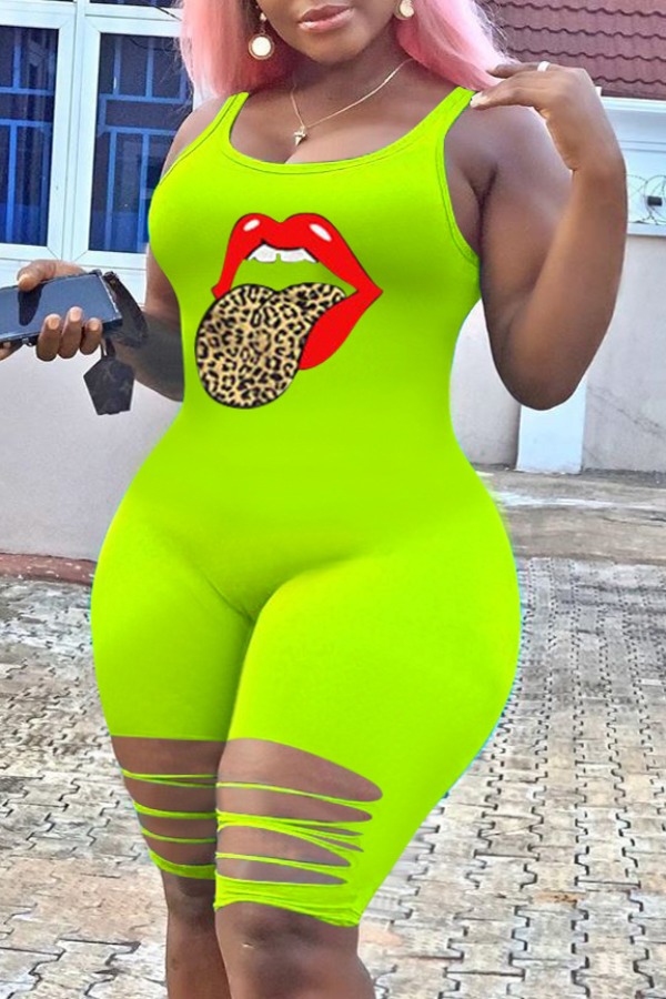 

Lovely Stylish Lip Print Green Plus Size One-piece Romper