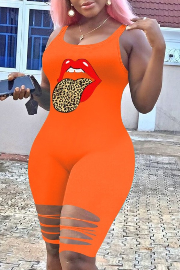 

Lovely Stylish Lip Print Orange Plus Size One-piece Romper