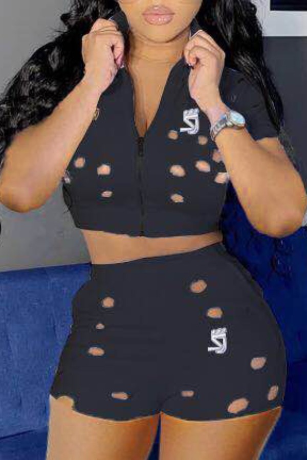

Lovely Sexy Hollow-out Black Two-piece Shorts Set