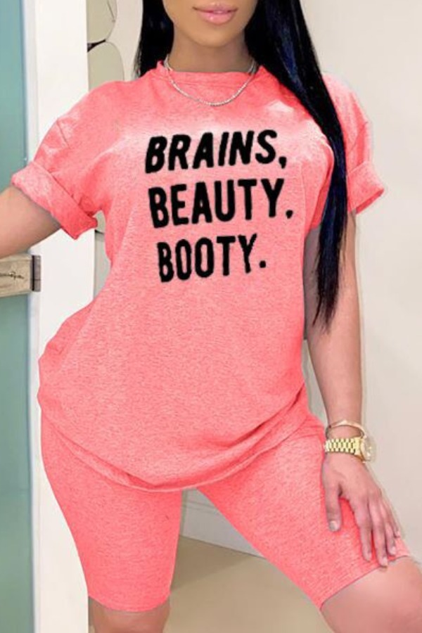 

LW Casual Letter Print Pink Two-piece Shorts Set