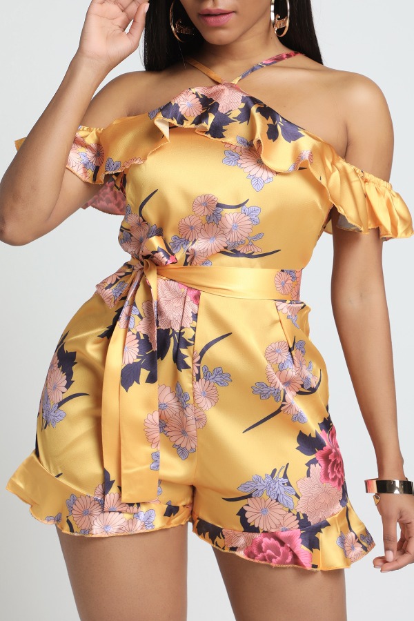 

Lovely Trendy Print Yellow One-piece Romper