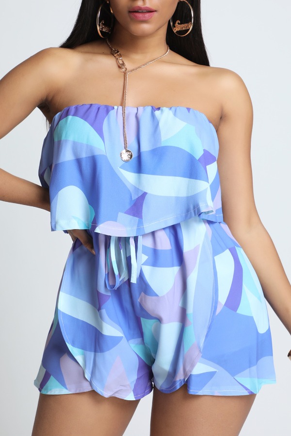 

Lovely Trendy Dew Shoulder Print Blue One-piece Romper