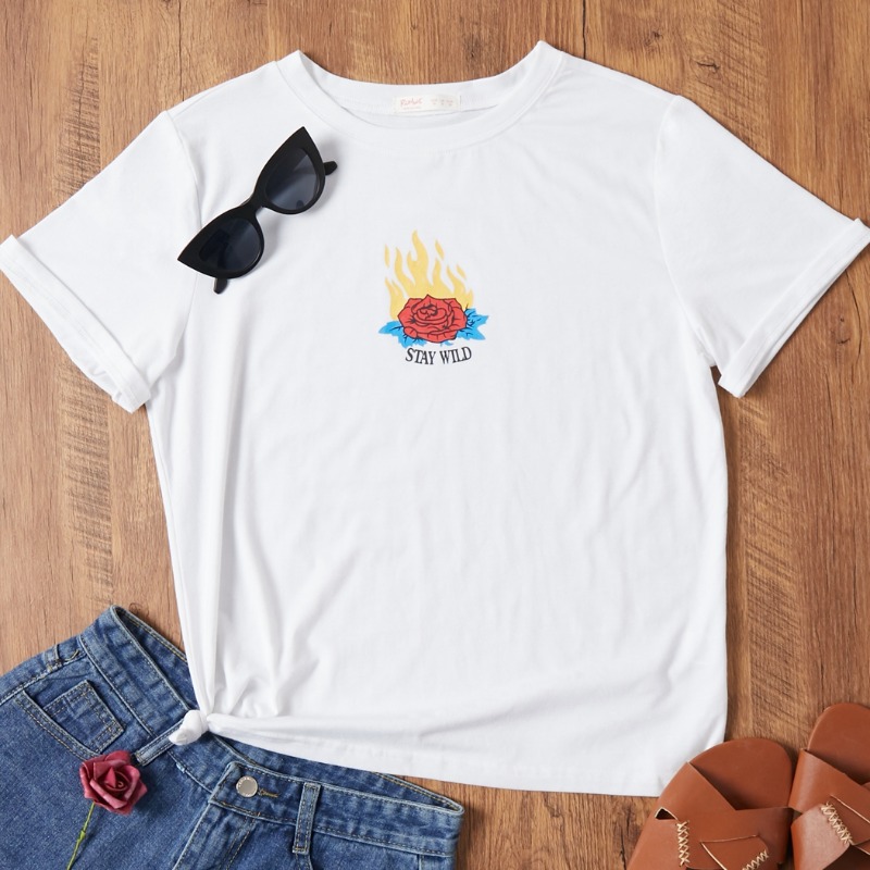 

Lovely Casual O Neck Rose White T-shirt