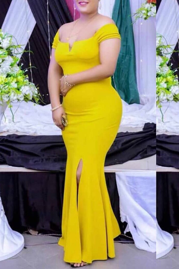 

Lovely Stylish Fold Design Yellow Maxi Plus Size Dress