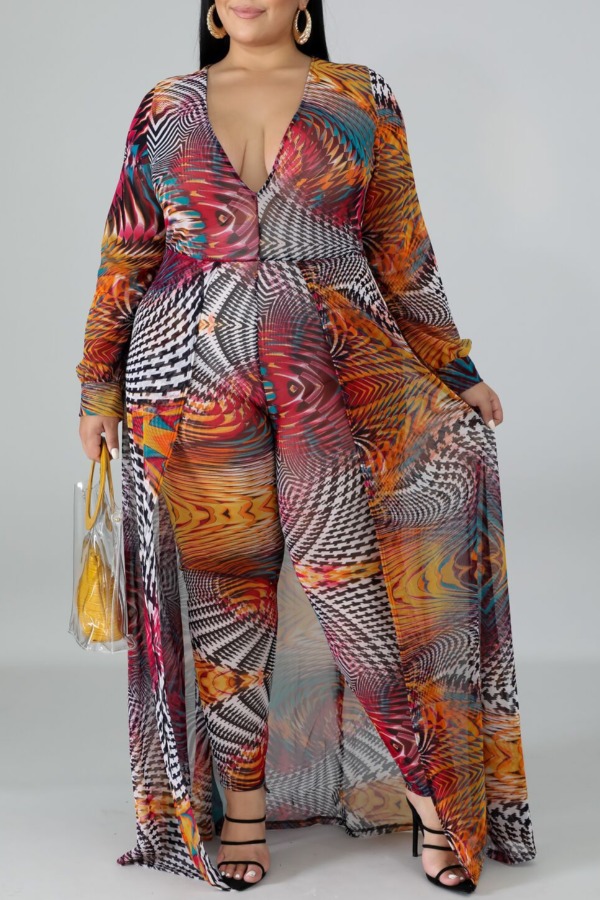 

Lovely Stylish Print Multicolor Plus Size One-piece Jumpsuit, Multi