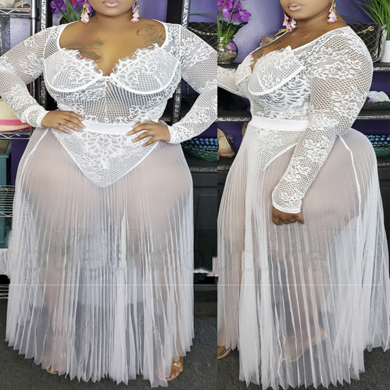 

Lovely Sexy See-through White Plus Size Two-piece Skirt Set