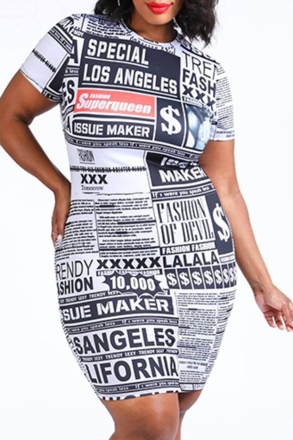 

Lovely Casual Print White Mini Plus Size Dress