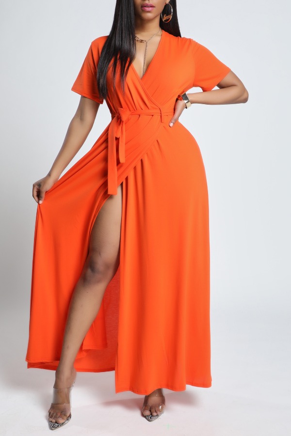 

Lovely Casual V Neck Lace-up Jacinth Ankle Length Dress