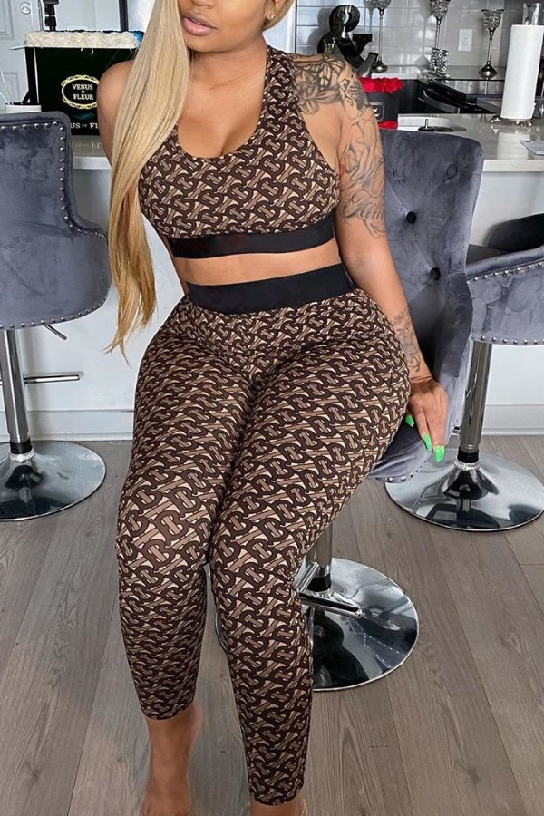 

Lovely Sportswear Print Coffee Two-piece Pants Set