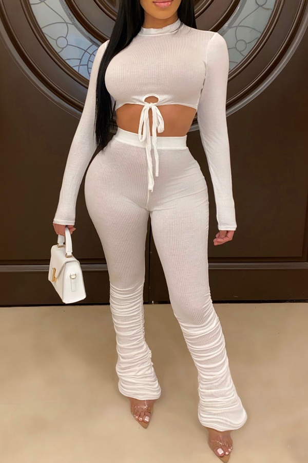 

Lovely Trendy Fold Design White Two-piece Pants Set