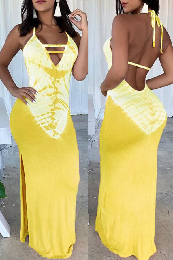 

Lovely Sexy Backless Yellow Maxi Dress