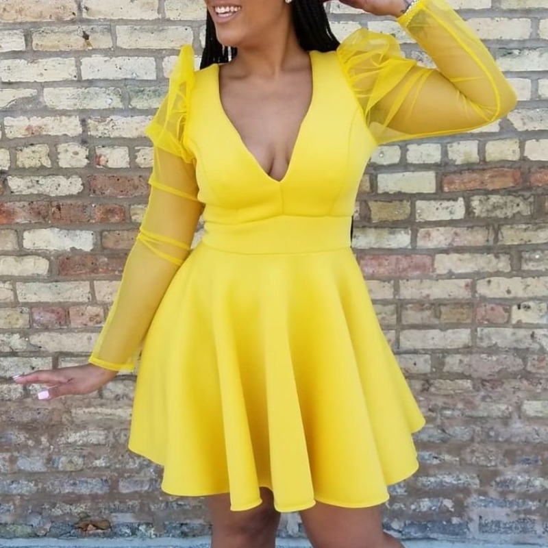 

Lovely Trendy Deep V Neck Fold Design Yellow Knee Length Dress