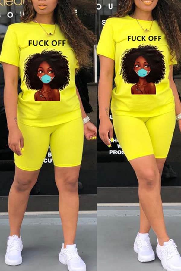

Lovely Leisure Print Yellow Two-piece Shorts Set