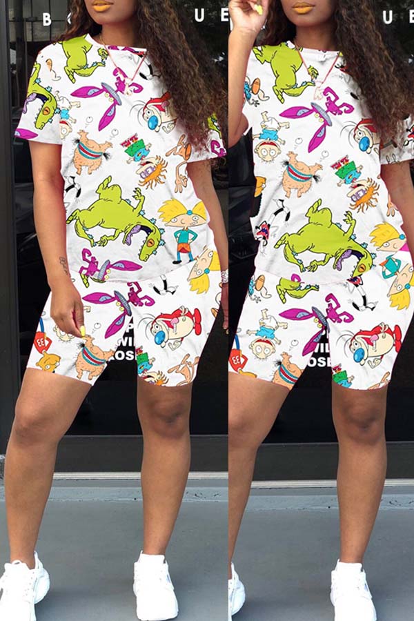 

Lovely Leisure Cartoon Print White Two-piece Shorts Set