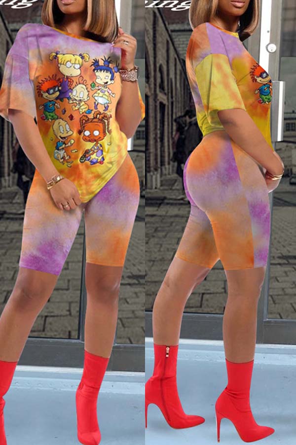 

Lovely Leisure Cartoon Print Orange Two-piece Shorts Set