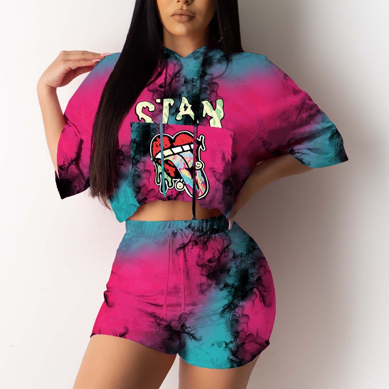 

Lovely Leisure Tie-dye Rose Red Two-piece Shorts Set