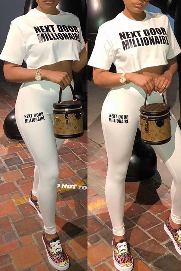 

Lovely Leisure Letter Print White Two-piece Pants Set