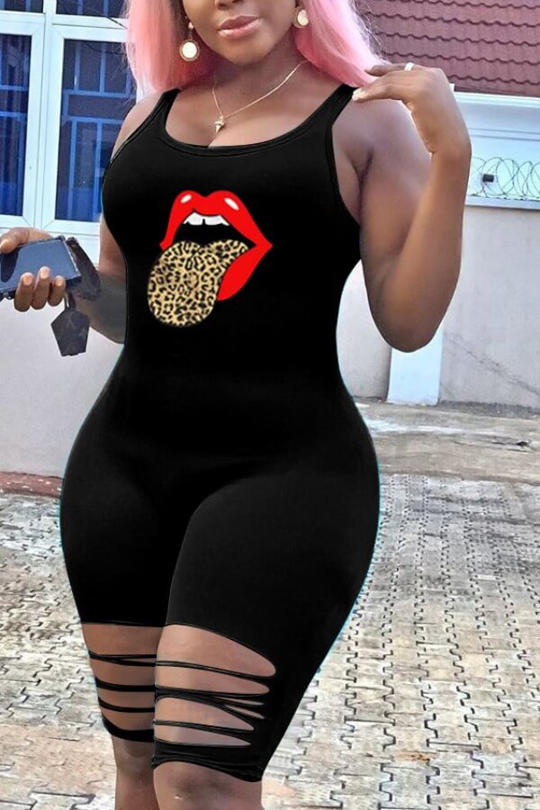 

Lovely Stylish Lip Print Black One-piece Romper