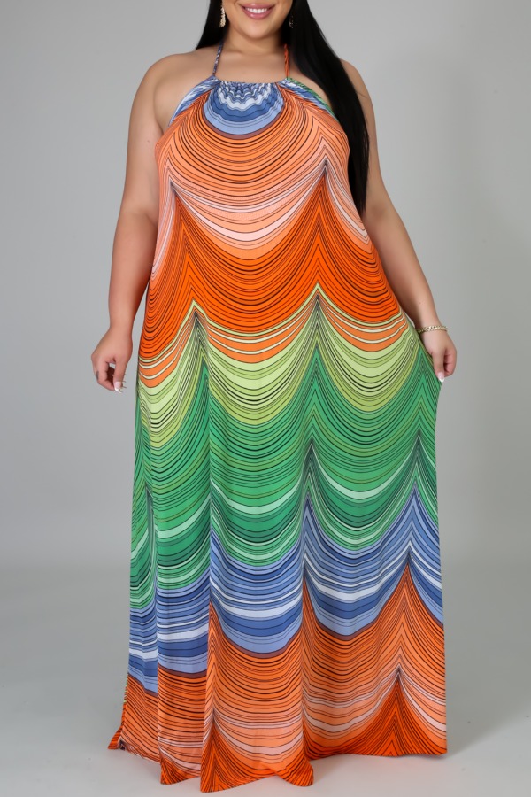 

Lovely Bohemian Print Multicolor Maxi Plus Size Dress, Multi
