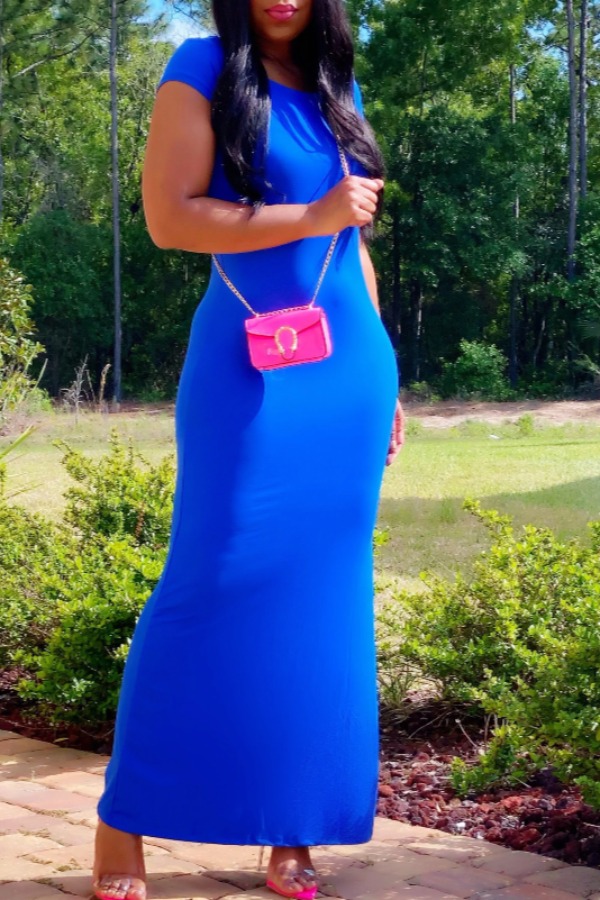 

Lovely Casual O Neck Basic Blue Ankle Length Dress