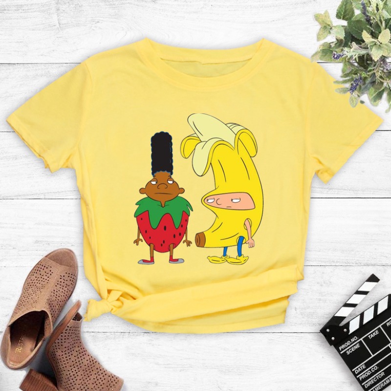 

Lovely Leisure O Neck Cartoon Print Yellow T-shirt