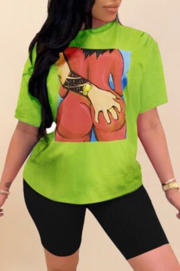 

Lovely Leisure Cartoon Print Green Two-piece Shorts Set