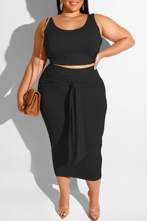 

LW Plus Size Leisure Lace-up Black Two-piece Skirt Set