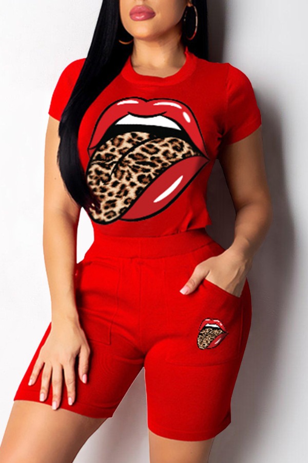 

Lovely Casual Lip Print Red Two-piece Shorts Set
