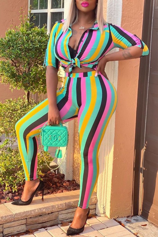

Lovely Trendy Rainbow Striped Two-piece Pants Set, Stripe