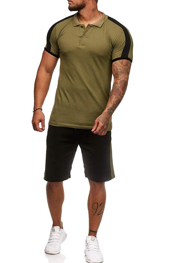

Lovely Sportswear Patchwork Army Green Two-piece Shorts Set