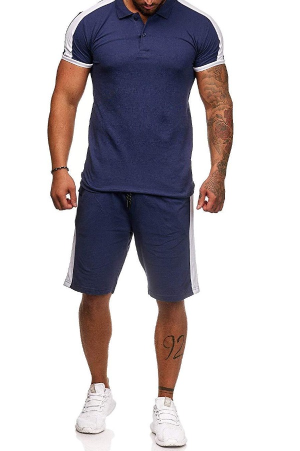 

Lovely Sportswear Patchwork Blue Two-piece Shorts Set