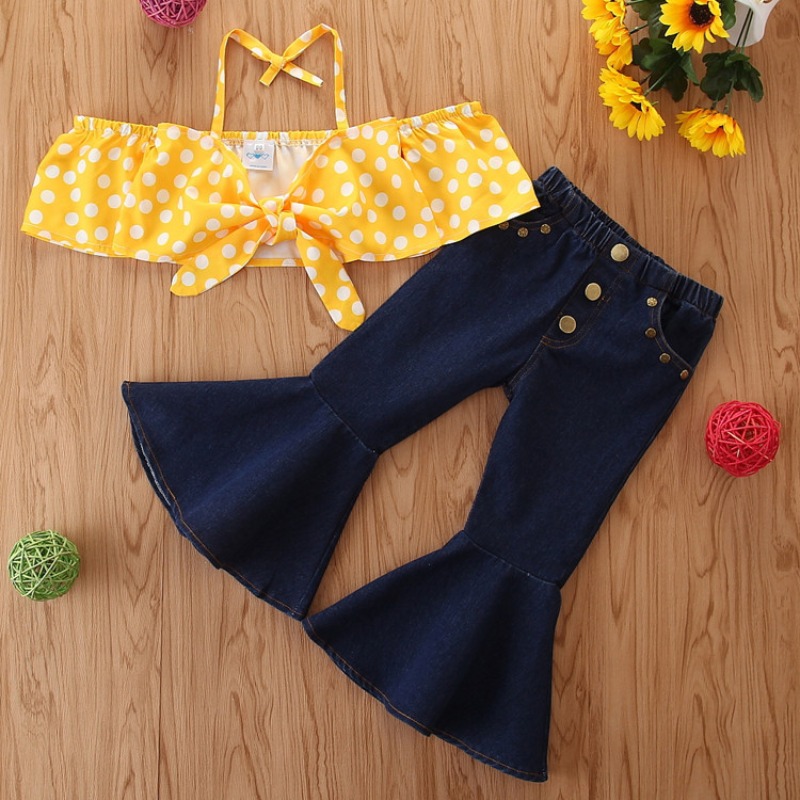 

Lovely Stylish Dot Print Yellow Girl Two-piece Pants Set