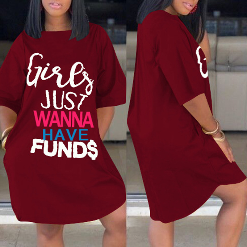 

Lovely Casual Letter Wine Red Knee Length Dress