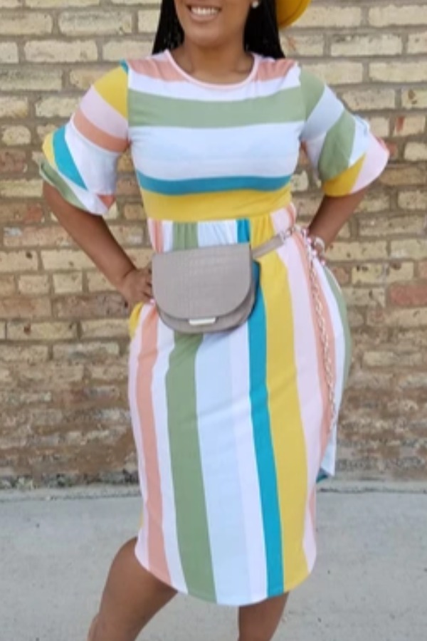 

Lovely Sweet Striped Multicolor Knee Length Dress, Multi