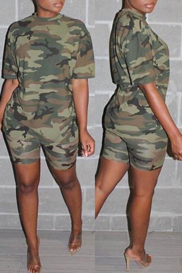 

Lovely Casual Print Army Green Two-piece Shorts Set